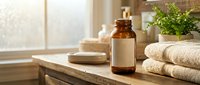 Spa wellness setup with amber glass bottle, folded towels and green plant on wooden surface in bright natural bathroom interior for relaxation therapy.