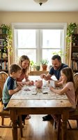 Happy family of four playing board game together at wooden dining table in cozy home interior with natural light from window and green plants.