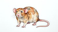 Brown and white mouse or rat with pink ears and tail, isolated on white background, suitable for clipart, children's illustrations, educational materials, and design projects.