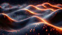 Abstract glowing orange and blue waves with sparkles and particles flowing through dark space creating dynamic light trails and bokeh effects.