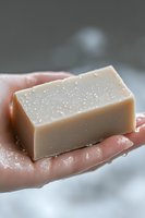 Natural handmade soap bar with water drops held in wet palm against blurred background, showcasing organic skincare and personal hygiene products.