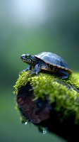 Small turtle with dark shell and yellow markings perched on moss-covered branch with water droplets, blurred green background, wildlife nature photography.