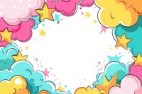 Colorful cartoon clouds and stars frame border with white center space for text. Bright pastel rainbow colors create playful background for kids designs.