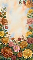 Watercolor floral frame with colorful chrysanthemums in autumn tones, copy space in center for text, greeting card or poster design.
