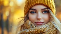 Young woman with bright blue eyes wearing yellow knit beanie and cozy scarf smiling at camera against warm autumn bokeh background, close up portrait.