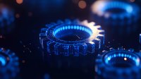 Blue glowing mechanical gears in dark background with bokeh effect create futuristic industrial composition for technology and innovation concepts.