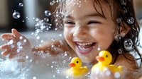Young Asian girl laughing joyfully during bath time with yellow rubber ducks, surrounded by soap bubbles and water splashes, capturing pure childhood happiness.