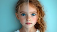 Young girl with striking blue eyes and strawberry blonde wavy hair against turquoise background, split image showing photo retouching and color correction comparison.