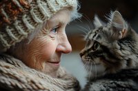 Senior woman in knitted winter hat and scarf sharing tender moment with fluffy tabby cat, close-up portrait showing emotional connection between human and pet.
