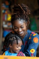 Happy African American mother with dreadlocks embracing smiling daughter in colorful clothing, showing love and family bonding in warm indoor setting.