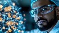 Middle Eastern male scientist in protective gear examining glowing network visualization, representing advanced research in digital connectivity and data analysis.