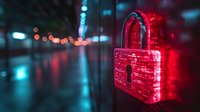 Glowing red padlock with digital code pattern against blurred urban night background, symbolizing cybersecurity and digital protection in modern technology.