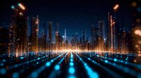 Futuristic cityscape with glowing digital grid lines and illuminated skyscrapers reflecting on glossy surface against dark night sky, creating modern technology concept.