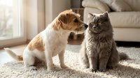 Dog and cat sitting together on carpet in living room with natural light from window and furniture in background.
