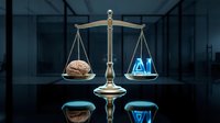 Golden scales of justice balancing human brain and artificial intelligence hologram in modern office setting representing ethics and technology decisions.