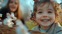 Smiling young girl with curly hair wearing cozy sweater in warm sunlight, bokeh effect with blurred flowers in foreground creates dreamy atmosphere. Joyful childhood moment.