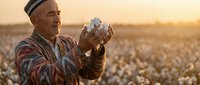 Mature Middle Eastern farmer examining cotton bolls in field during golden hour sunset, agricultural harvest concept for farming industry and crop production.
