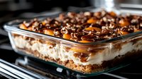 Layered dessert with chocolate cake base, creamy filling, and caramel drizzle in glass baking dish, ready for serving or recipe content.
