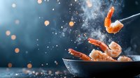 Fresh prawns tossed with seasoning and spices in dark pan with steam and flying drops against moody blue background with bokeh lights for restaurant menu.