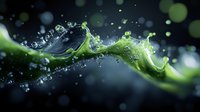 Dynamic green liquid splash with water drops and bubbles creating an elegant wave against dark background, captured in high-speed photography with bokeh effects.