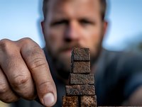 Caucasian bearded man stacking small rustic metal blocks in ascending order against blurred blue background, demonstrating focus and precision in business strategy.