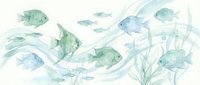Watercolor underwater scene with tropical fish swimming among seaweed and aquatic plants in soft blue and green tones for marine themed designs.