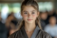 Young Caucasian girl in martial arts uniform with confident expression during karate training session in dojo with blurred background of other students.