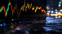 Stock market data visualization with glowing green and red candlestick charts reflected on wet surface against blurred city lights background, showing financial trading analysis.
