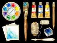 Watercolor paint palette with brushes, tubes, and art supplies isolated on transparent background, ready for clipart, t-shirt design, print-on-demand products, stickers, and sublimation projects.