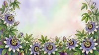 Passion flowers with green foliage frame a soft watercolor background, creating an elegant botanical border suitable for invitations, greeting cards, and decorative design projects.