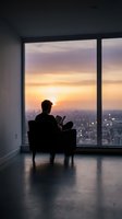 Man silhouette reading book in armchair by large window overlooking city at sunset with warm golden sky and urban lights below in modern apartment.