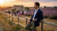 Handsome businessman in navy blazer sitting on wooden fence at lavender field during golden hour sunset with blurred crowd background for lifestyle content.