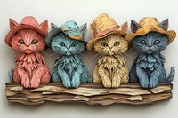 Whimsical cats in straw hats sitting in a row on wooden branch, artistic fantasy illustration in coral pink, teal blue, golden yellow and slate gray colors.