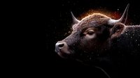 Dramatic side profile of dark bull head with horns against black background with glowing particles, powerful animal portrait for financial concepts.