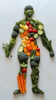 Human silhouette made from fresh vegetables including broccoli, carrots, tomatoes, cucumbers and leafy greens on white background, promoting healthy eating and nutrition.