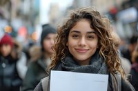 Young Hispanic woman with curly hair smiling outdoors in winter, wearing gray scarf and holding documents. Natural beauty and authentic lifestyle portrait perfect for education or business.