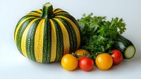 Fresh striped acorn squash with yellow and red cherry tomatoes, cucumber slices and parsley herbs on white background, healthy seasonal vegetables.