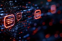 Glowing orange server icons on dark background with digital connections, representing data center technology and cloud computing infrastructure.