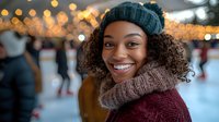 Young African American woman with curly hair wearing winter knit beret and scarf smiles warmly at camera, with festive bokeh lights creating magical holiday atmosphere.