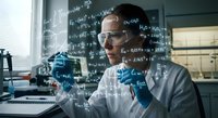 Middle-aged Caucasian male scientist in lab coat analyzing data with mathematical formulas overlay in modern research laboratory setting.