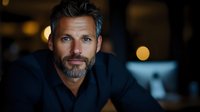 Confident middle-aged Caucasian businessman with beard in dark suit looking directly at camera in modern office environment with warm lighting.