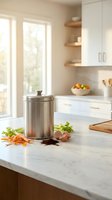 Stainless steel compost bin on marble kitchen counter with vegetable scraps and coffee grounds in modern bright kitchen interior for sustainable living.