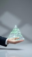 Businessman hand holding glowing holographic pyramid with financial charts and data layers, symbolizing business strategy and growth.
