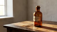 Vintage amber glass apothecary bottle with aged label on wooden table near window, suitable for pharmaceutical, wellness, and retro design projects.