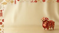 Asian ox figurine with red and gold geometric patterns on cream background with festive decorative border elements for holiday and celebration designs.