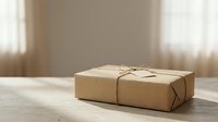 Brown kraft paper package tied with natural twine string on wooden table in soft sunlight. Eco-friendly shipping box for sustainable delivery and gifts.