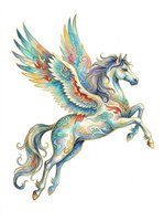 Ornate winged horse with intricate decorative patterns in turquoise, gold, and coral tones, isolated on transparent background. Ready for t-shirts, stickers, sublimation, and print-on-demand designs.