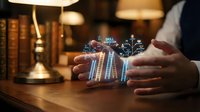 Businessman hands holding holographic smart city model with glowing buildings and digital network connections in modern office environment for urban planning.