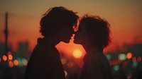 Romantic couple silhouettes touching foreheads at golden sunset with city lights bokeh background creating intimate moment for love and relationship concepts.
