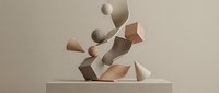 Abstract geometric shapes in neutral tones stacked and balanced on a pedestal, featuring spheres, cubes, and cones for modern design and architectural visualization projects.